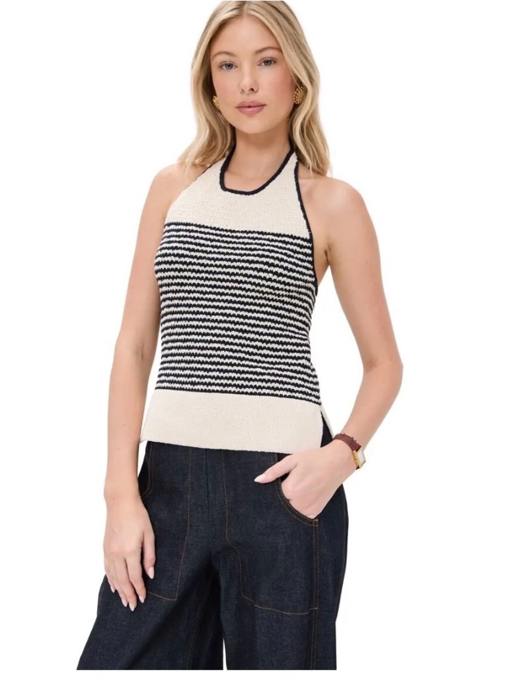 Tanya Taylor Cream and Black Striped Halter Knit Camisole